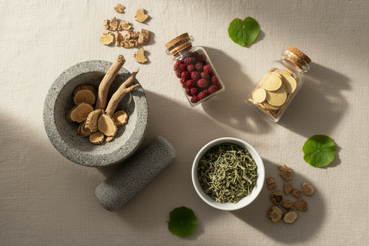 Flat lay of adaptogenic herbs including ashwagandha root, schisandra berries, holy basil, astragalus, and eleuthero with a mortar and pestle and glass apothecary jars on a warm linen surface