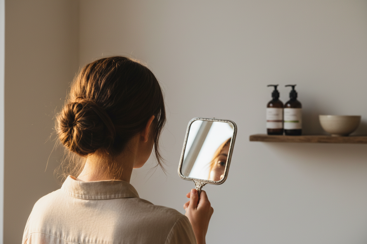 Person seen from behind holding a vintage hand mirror in bright natural light — universal wellness aesthetic for cortisol and stress support