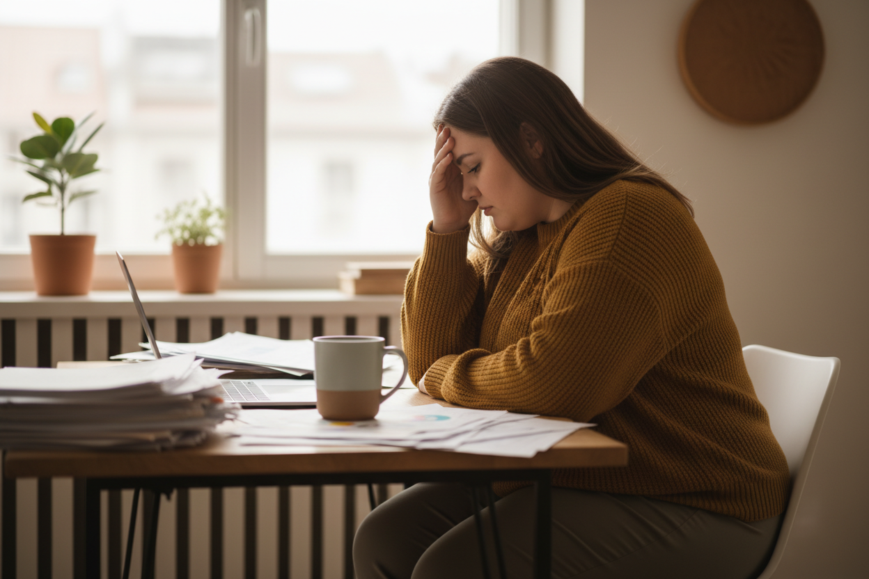 A woman overwhelmed at her desk — representing the chronic stress and HPA axis dysregulation that drives PCOS symptoms