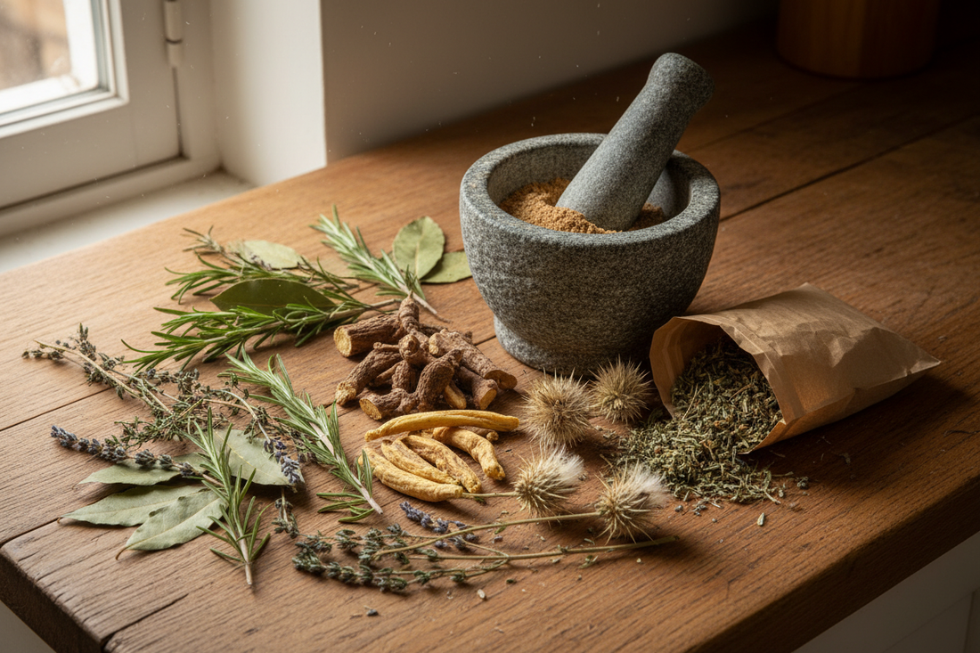 Dried milk thistle seed, dandelion root, and burdock root arranged on a wooden surface — the liver-supportive herbs at the heart of the PCOS-liver connection