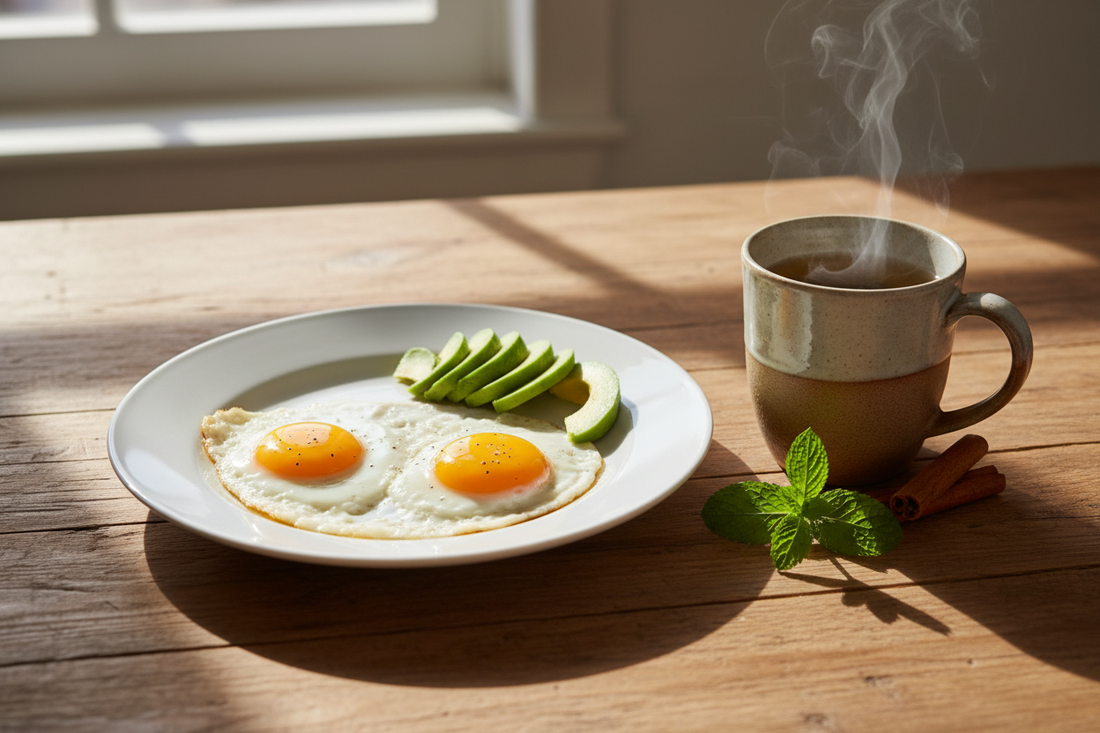 Bright morning kitchen table with two whole eggs, avocado, herbal tea, spearmint and cinnamon — a practical PCOS-supportive breakfast