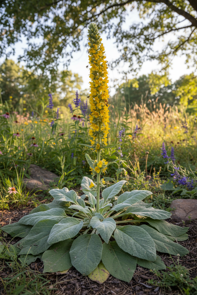 Complete Mullein Plant with Leaves and Flower Stalk