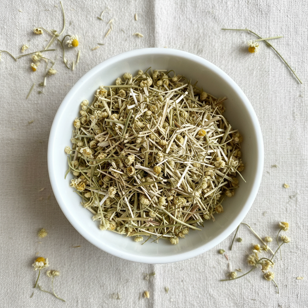 Dried feverfew in white bowl flat lay