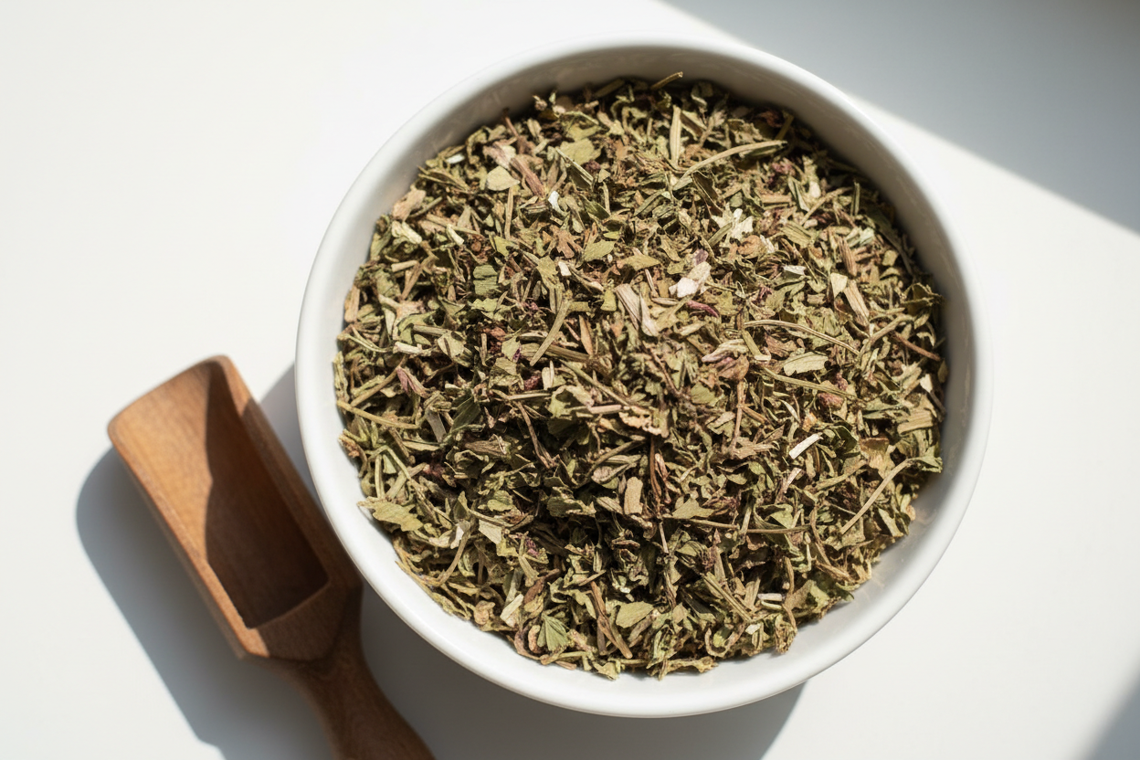Dried Red Clover Cut and Sifted in White Bowl