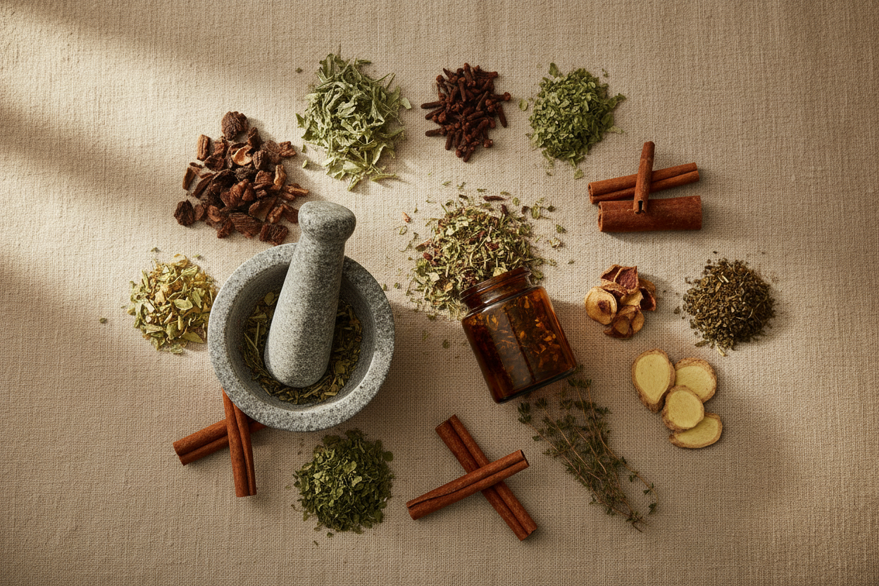Gut Cleanse Flat Lay with Mortar and Pestle