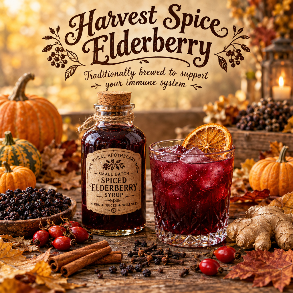 Harvest Spice Elderberry fall Facebook ad with spiced elderberry syrup bottle, iced glass, pumpkins, cinnamon, cloves, and autumn leaves