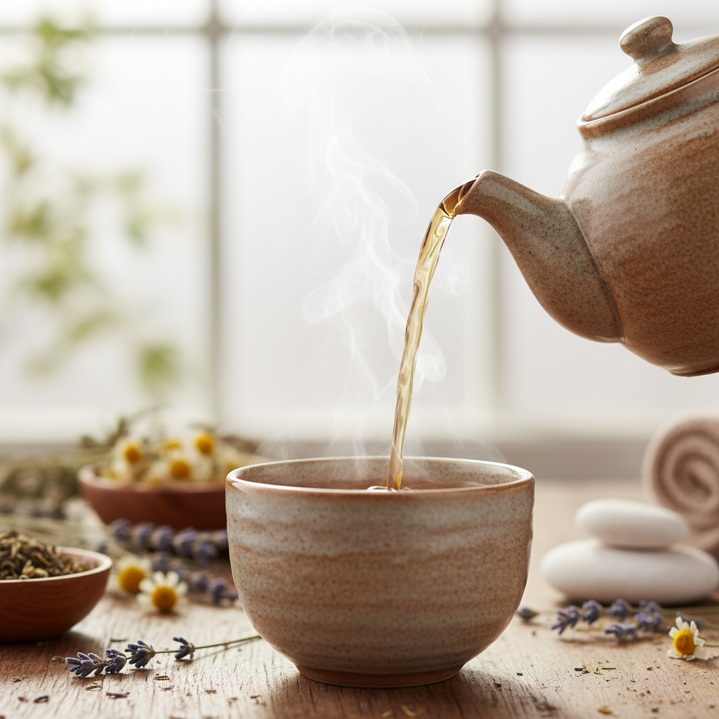 Herbal tea pouring into cup