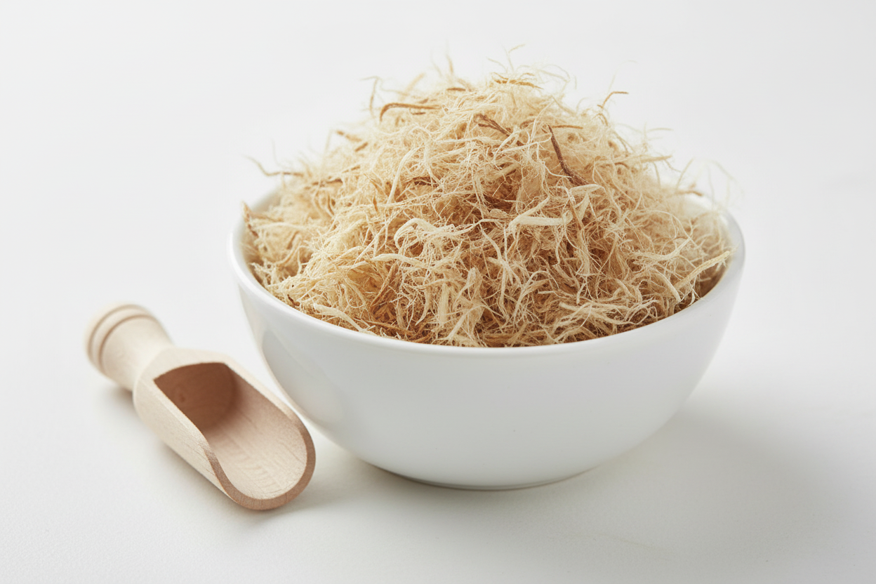 Dried slippery elm inner bark cut and sifted stringy fibrous pale tan strands in a white ceramic bowl with wooden scoop