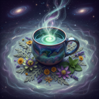 Cup of Dreamweaver herbal tea with mystical purple tones surrounded by organic mugwort, passionflower, chamomile and dream-enhancing herbs
