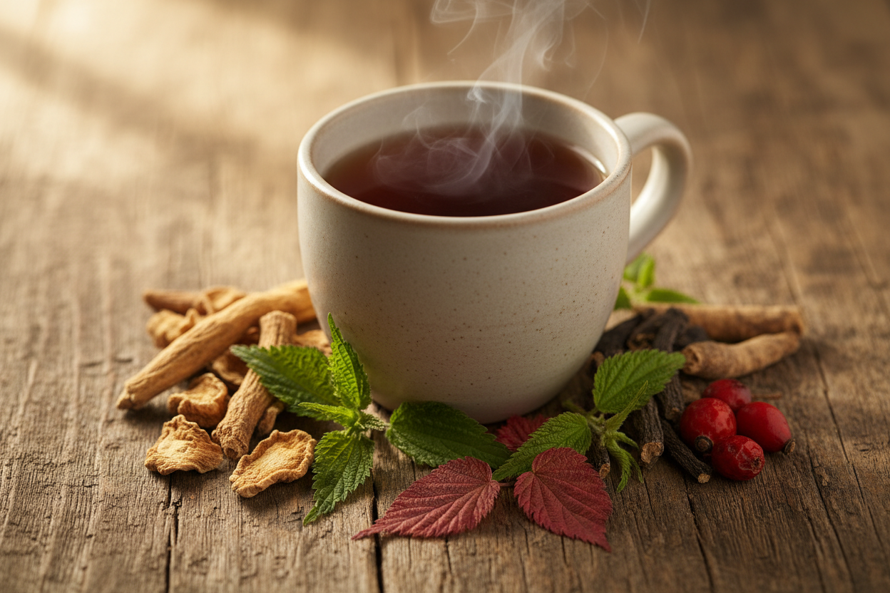 Steaming cup of Iron & Bloom herbal tea surrounded by yellow dock root, nettle leaf, raspberry leaf, rose hips, and dandelion root