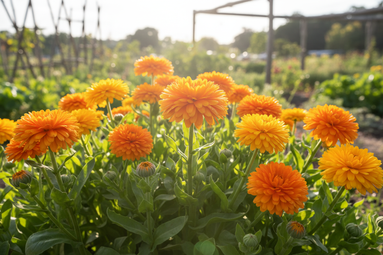 Calendula officinalis bright orange and yellow flowers blooming in a garden