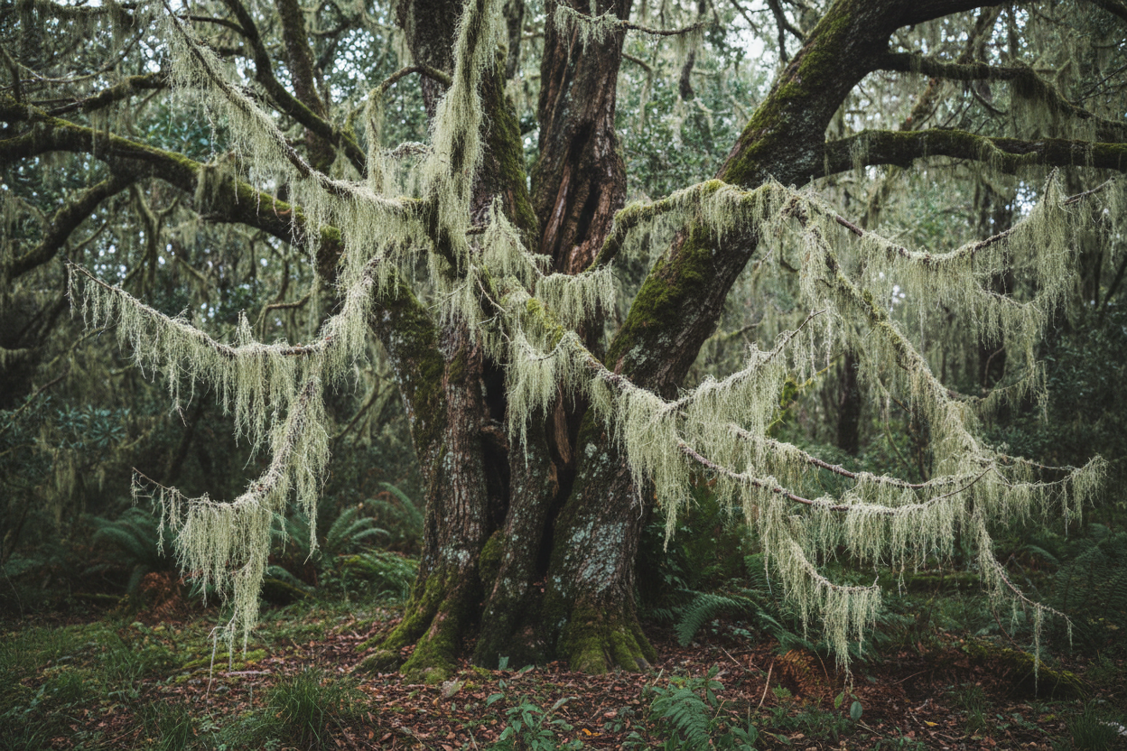 Usnea lichen pale grayish-green stringy filaments growing wild on tree bark in a forest