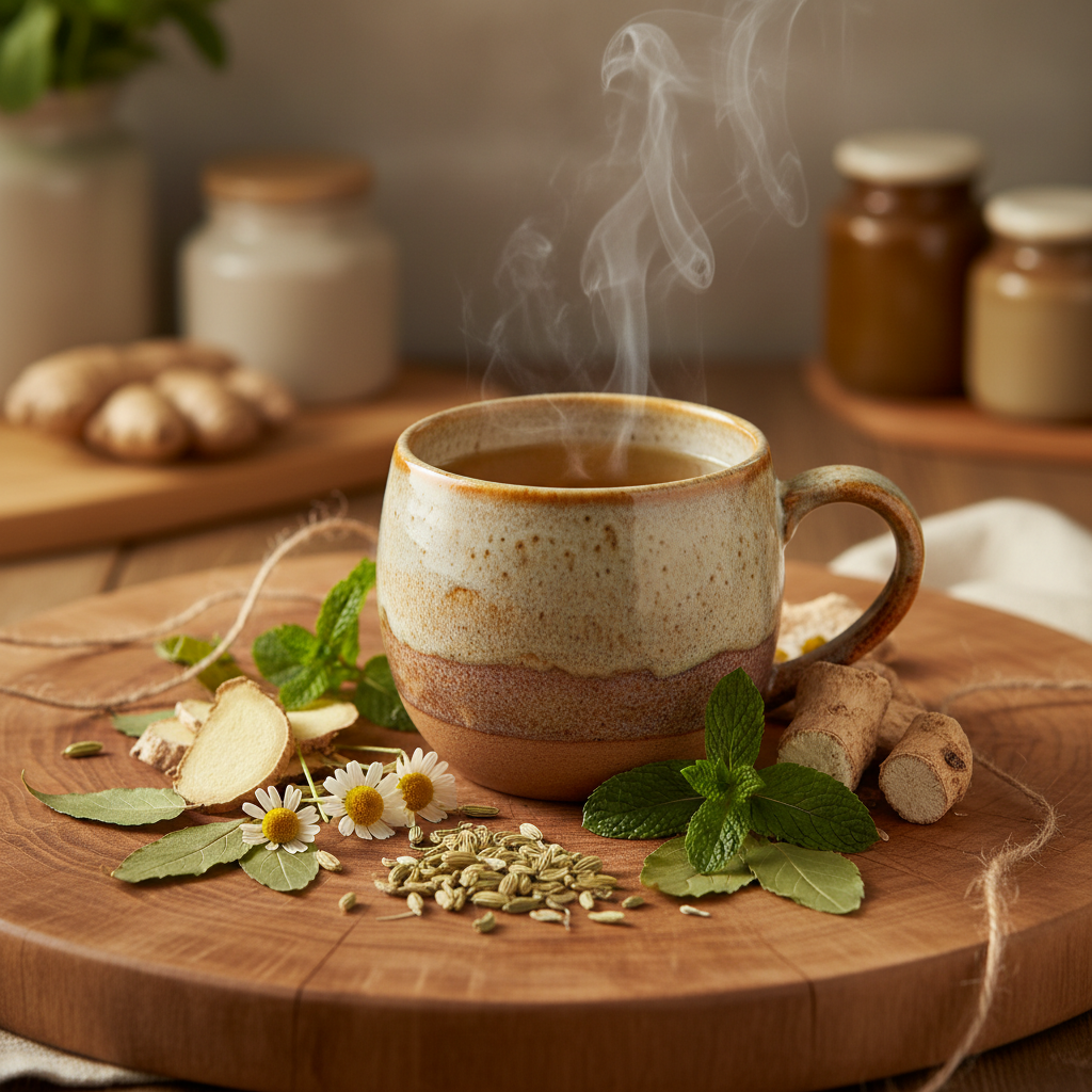 Cup of Digestive Ease herbal tea surrounded by organic ginger root, fennel seeds, peppermint and other digestive-supporting herbs in warm comforting tones