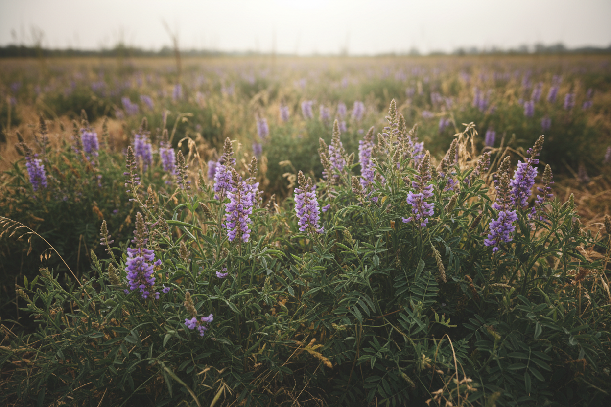 Astragalus membranaceus plant with green leafy stems and small purple flowers