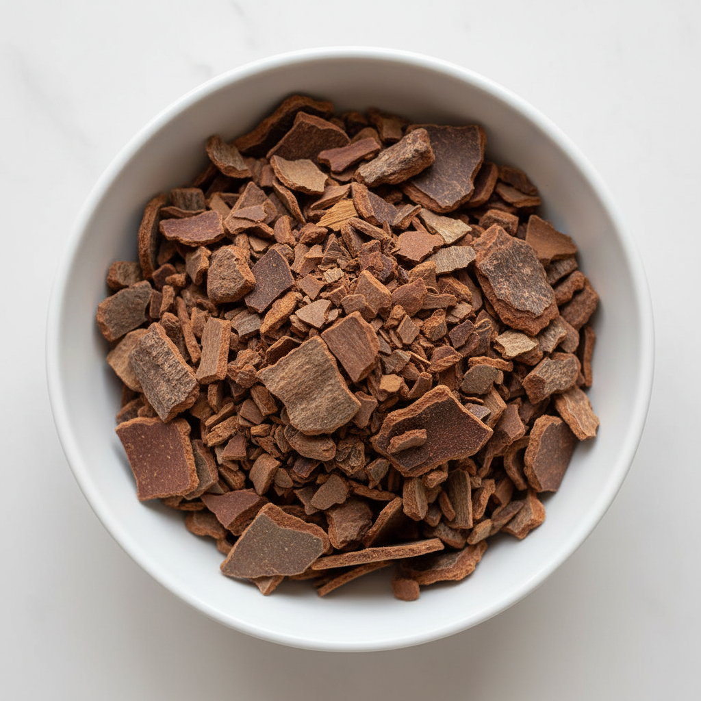 Ceylon cinnamon chips in a white ceramic bowl, chunky dark reddish-brown bark pieces overhead flat lay