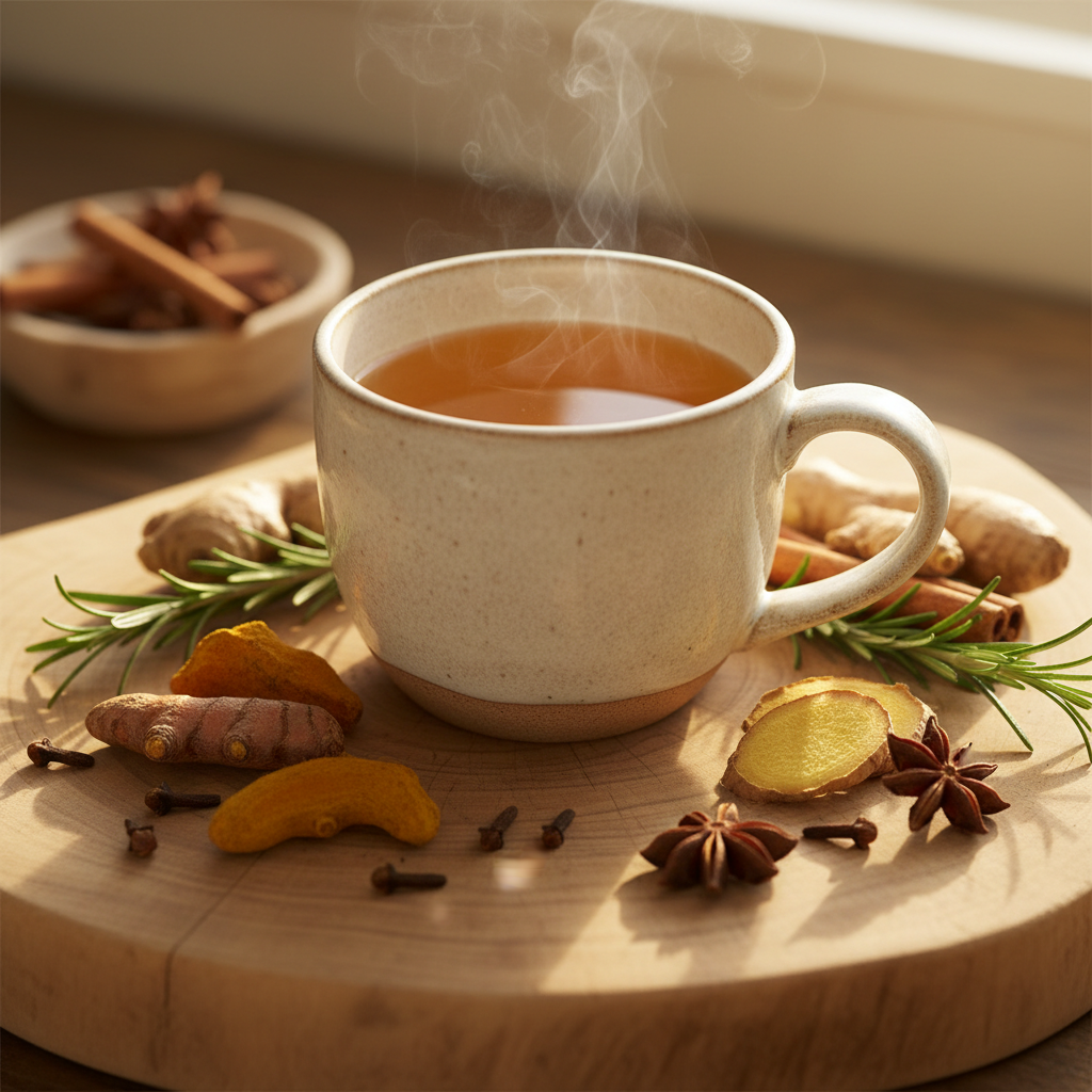 Cup of Inflammation Ease herbal tea with golden turmeric, ginger root, rosemary and cloves in warm healing tones