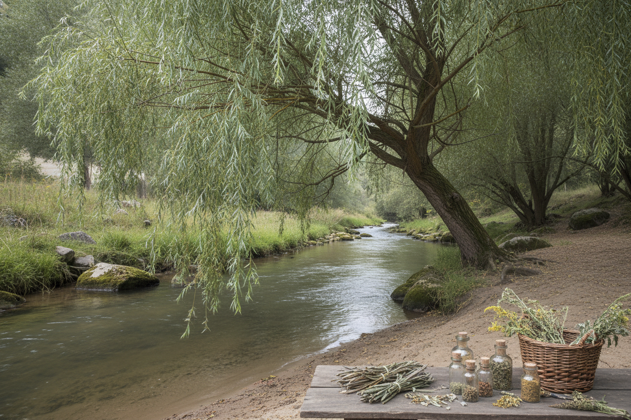 Salix alba white willow tree with graceful drooping branches and silvery green leaves growing near a river