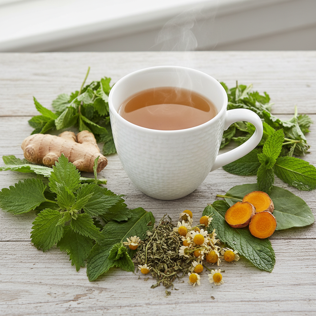 Cup of Allergy Relief herbal tea with fresh green tones surrounded by organic nettle, peppermint, plantain and natural antihistamine herbs