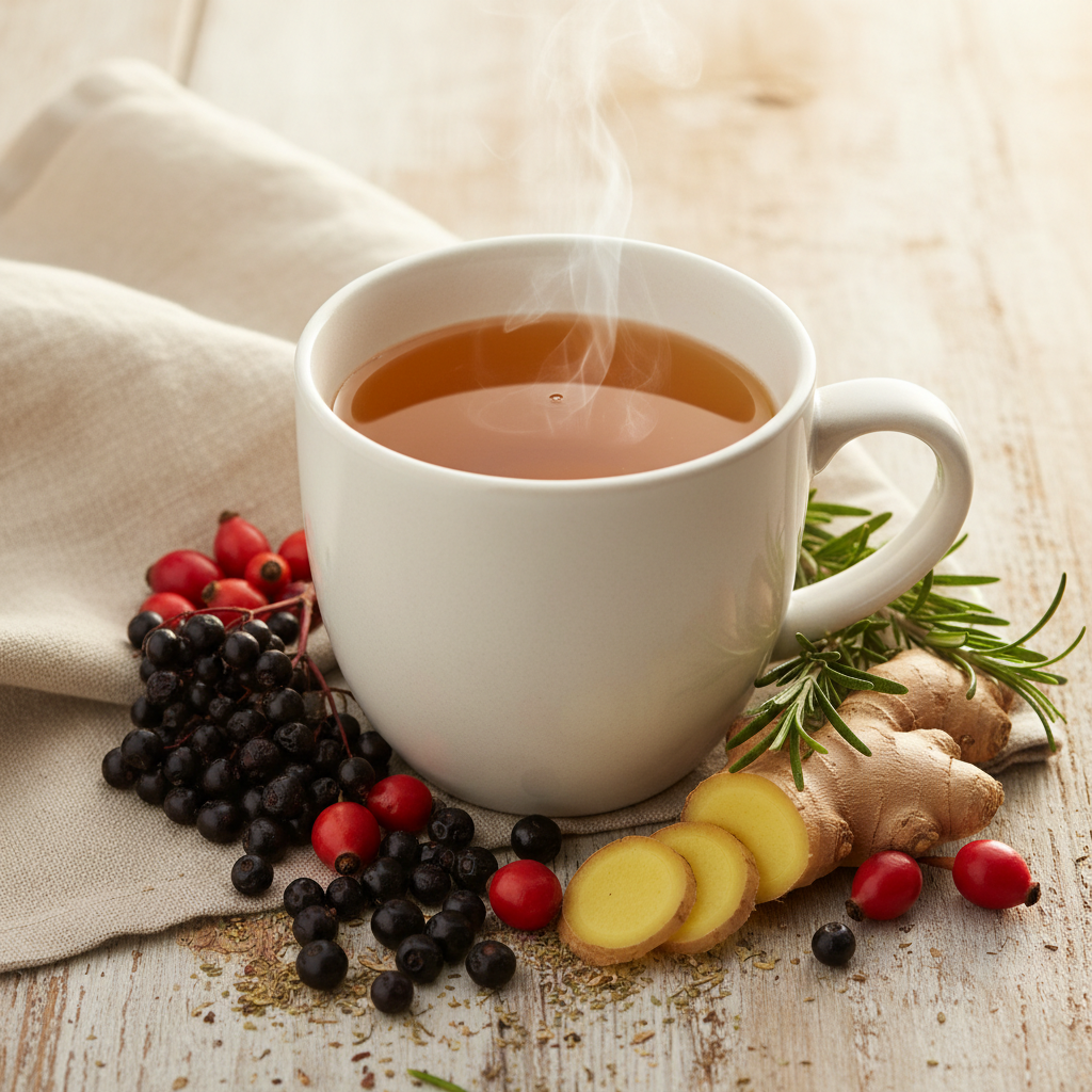 Cup of Daily Defense herbal tea surrounded by organic elderberries, rose hips, ginger root and other immune-supporting herbs in vibrant jewel tones