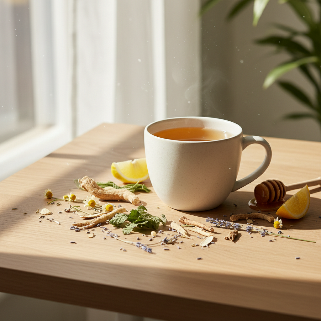 Cup of Balanced Days herbal tea surrounded by organic ashwagandha, Siberian ginseng, lemon balm and other adaptogenic herbs in natural daylight