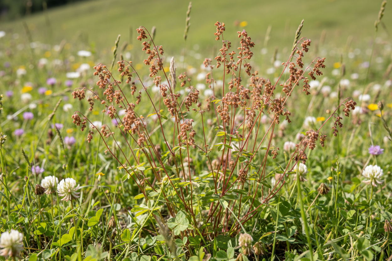 Sheep's sorrel Rumex acetosella growing wild in a meadow with arrow-shaped leaves and reddish seed clusters