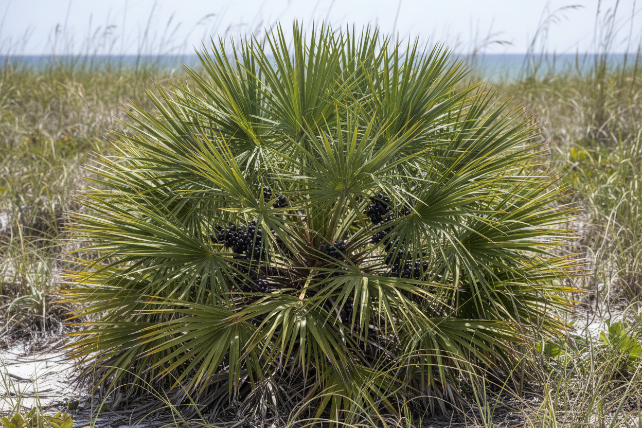 Saw palmetto plant Serenoa repens growing wild in a Florida coastal landscape with clusters of dark berries