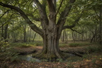 Slippery elm tree Ulmus rubra with furrowed gray-brown bark in a natural eastern woodland setting