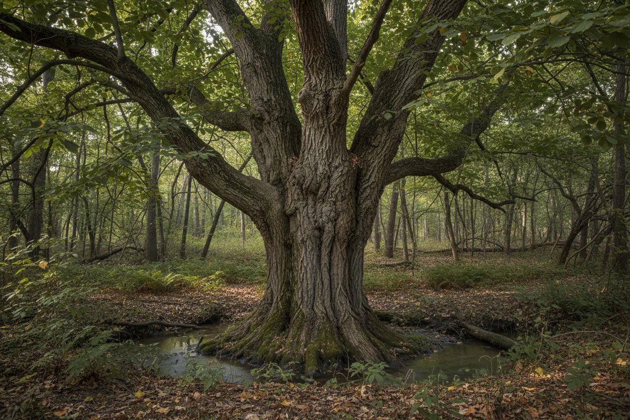 Slippery elm tree Ulmus rubra with furrowed gray-brown bark in a natural eastern woodland setting