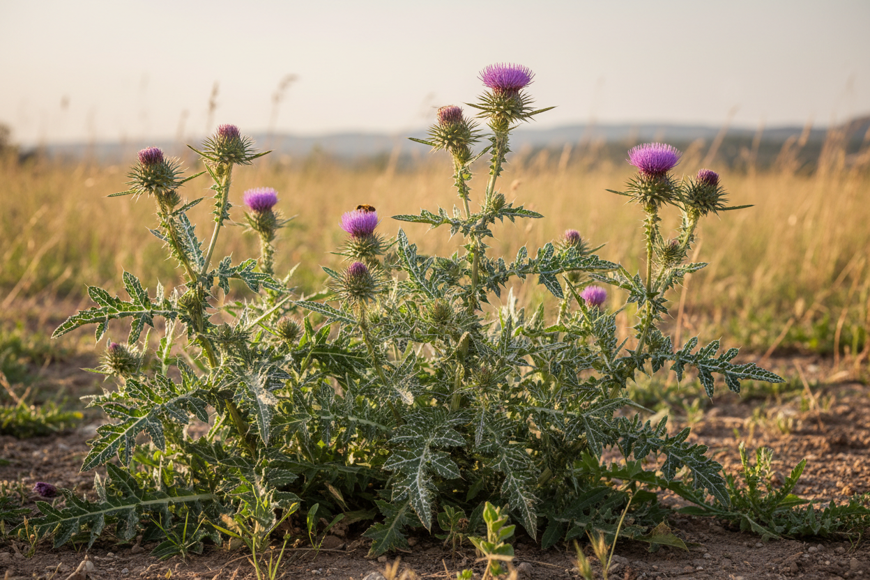 Milk thistle plants growing naturally in field showing purple flower heads and white-veined green leaves