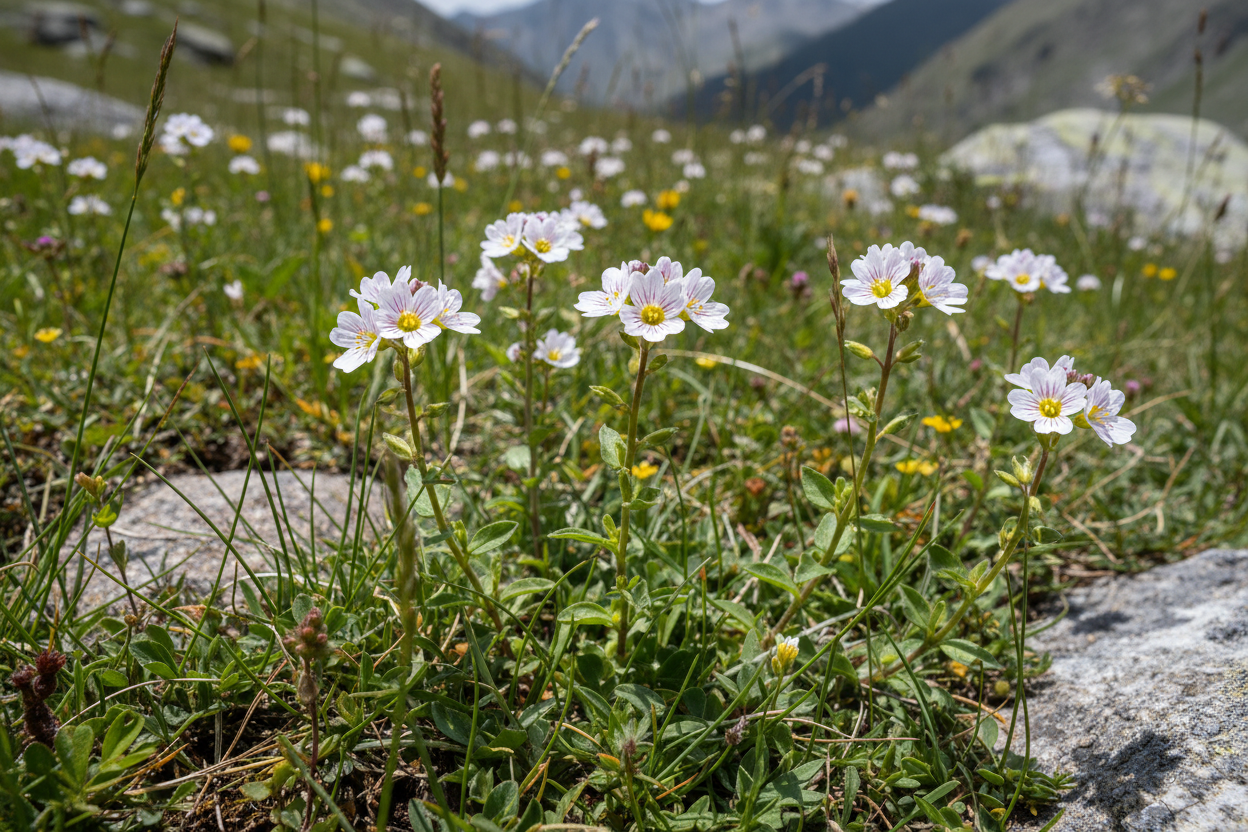 Euphrasia officinalis eyebright plant growing wild in an alpine meadow with tiny white flowers with purple veining and yellow centers