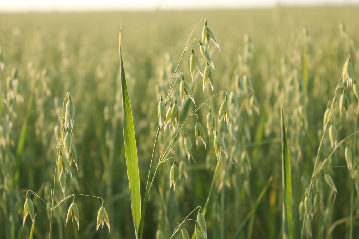 Avena sativa oat plant growing in a field with green milky oat stalks and drooping seed heads