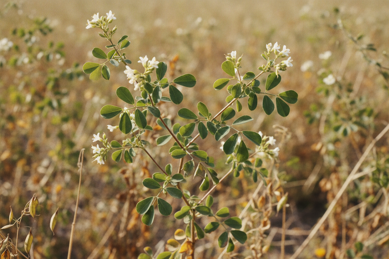 Fenugreek plant growing with green leaves and small white flowers