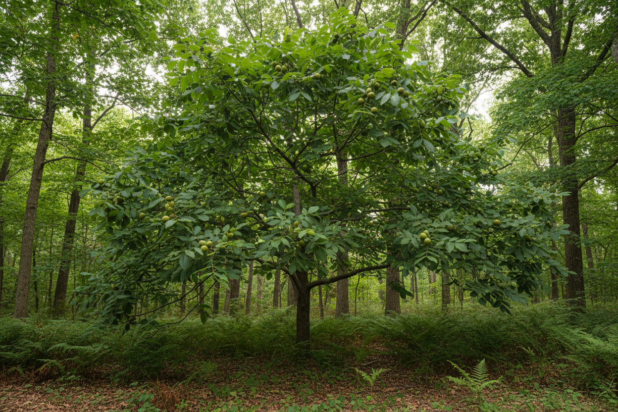 Black walnut tree Juglans nigra with green walnuts growing on branches in a woodland setting