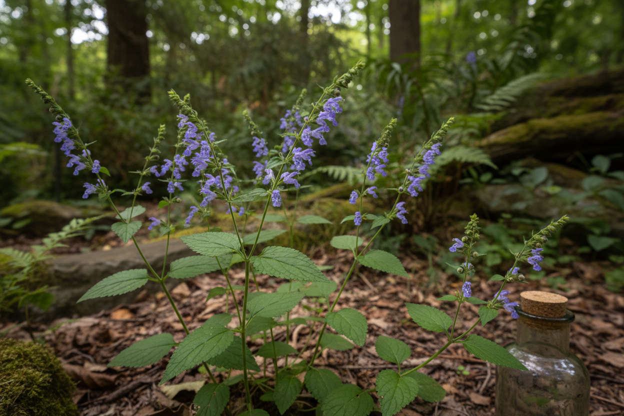 Scutellaria lateriflora skullcap plant with small blue-purple flowers and serrated leaves in a woodland garden