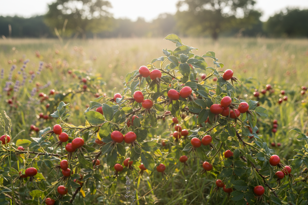 Rose hip plants growing in field showing bright red-orange rose hips on branches with green leaves