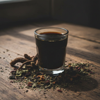 Gut Cleanse herbal tea concentrate in a shot glass — extremely dark botanical cleanse blend
