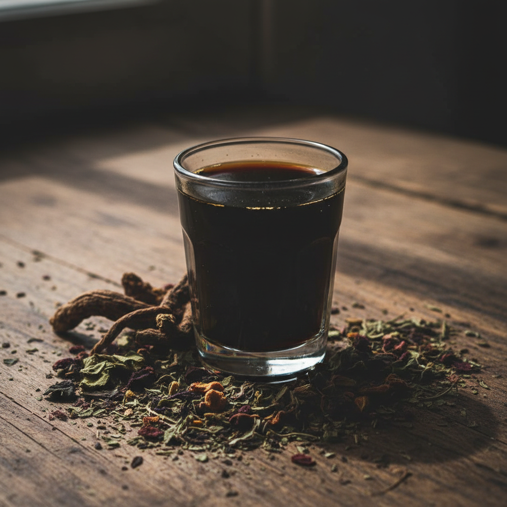 Gut Cleanse herbal tea concentrate in a shot glass — extremely dark botanical cleanse blend