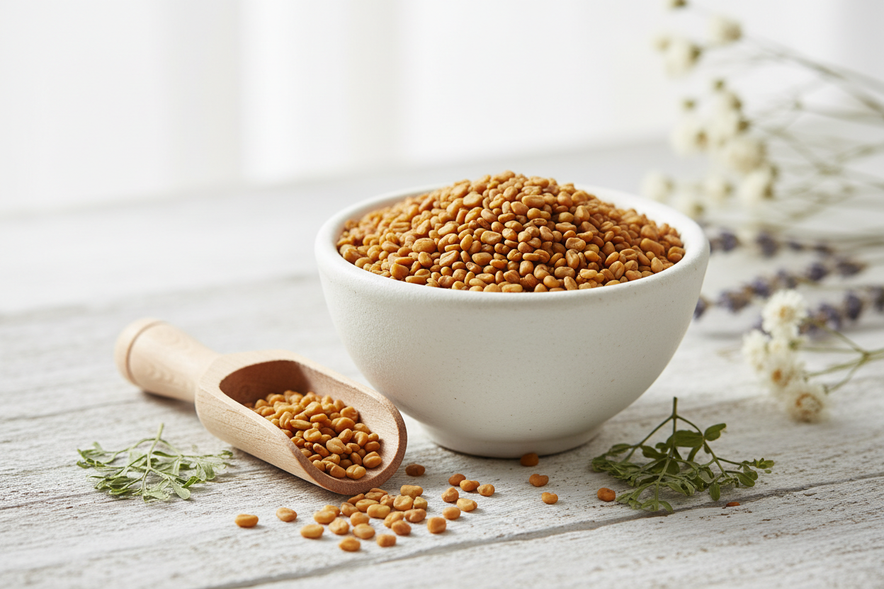 Dried organic fenugreek seeds in a white ceramic bowl with wooden scoop