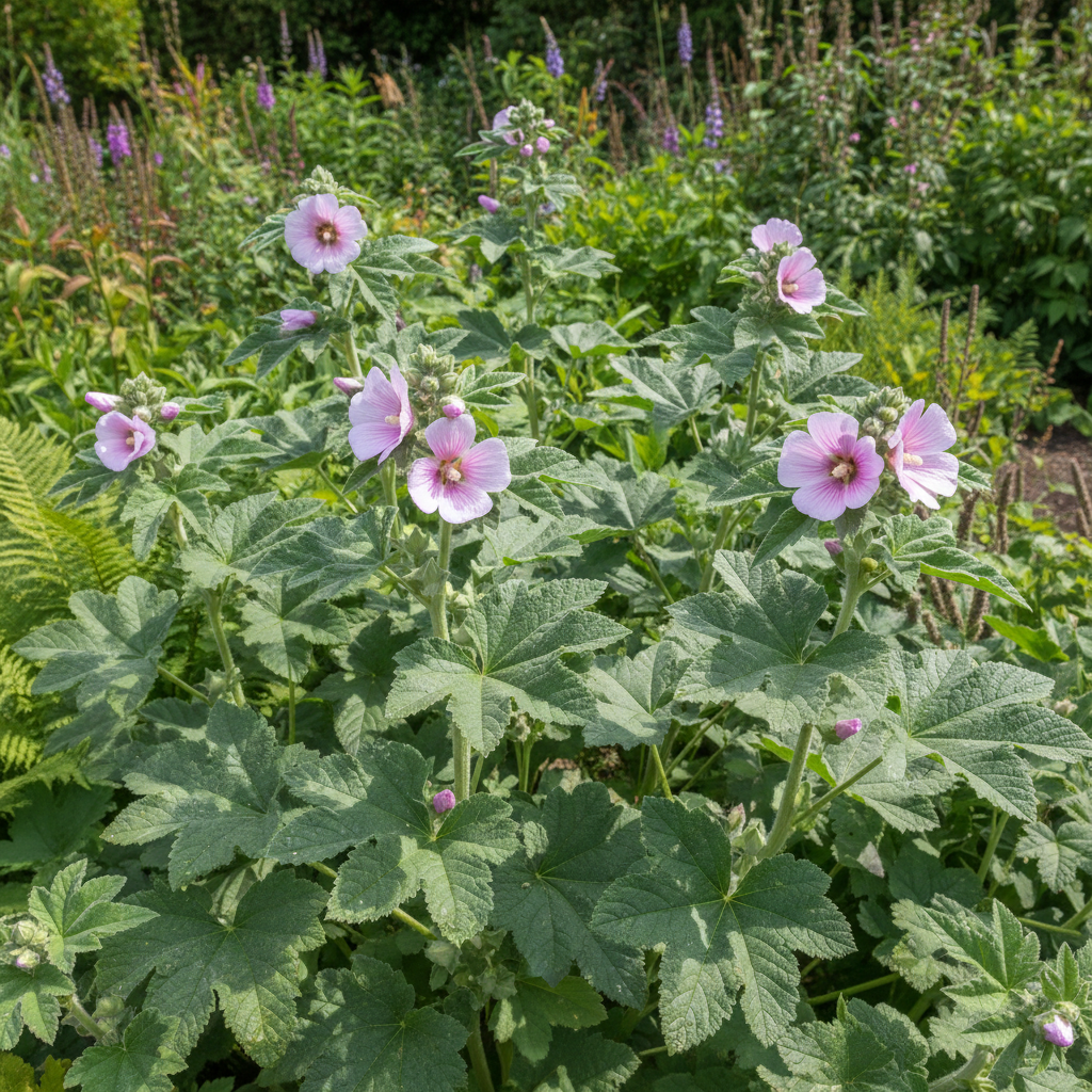 Organic marshmallow plants with soft pink flowers and velvety gray-green leaves