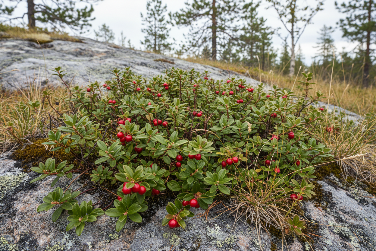 Uva ursi Arctostaphylos uva-ursi growing wild as a low ground cover with glossy leaves and red berries in a rocky alpine setting