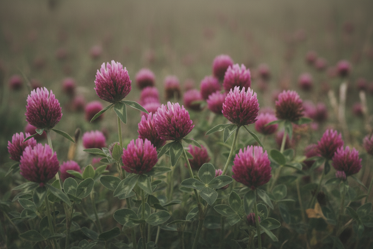 Red clover Trifolium pratense with magenta pink flower heads growing in a field