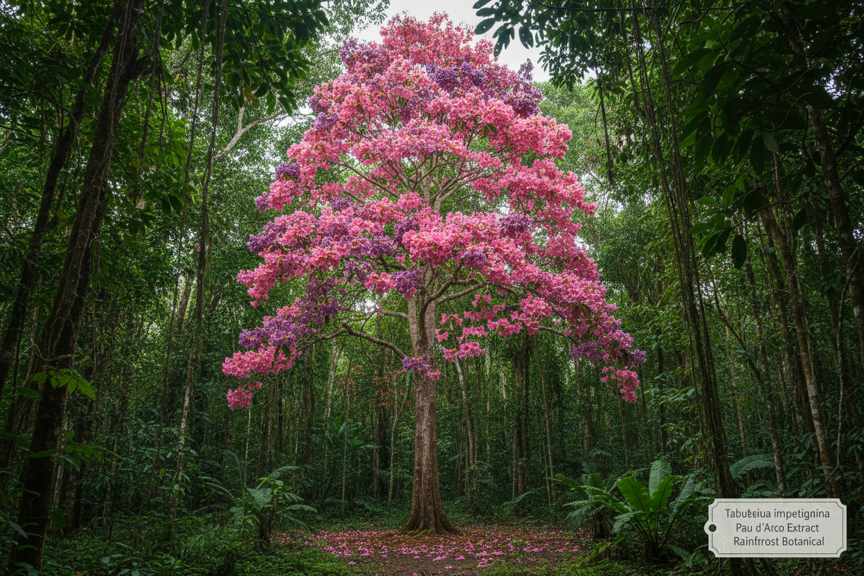 Tabebuia impetiginosa Pau d'arco tree with pink-purple trumpet flowers blooming in South American rainforest
