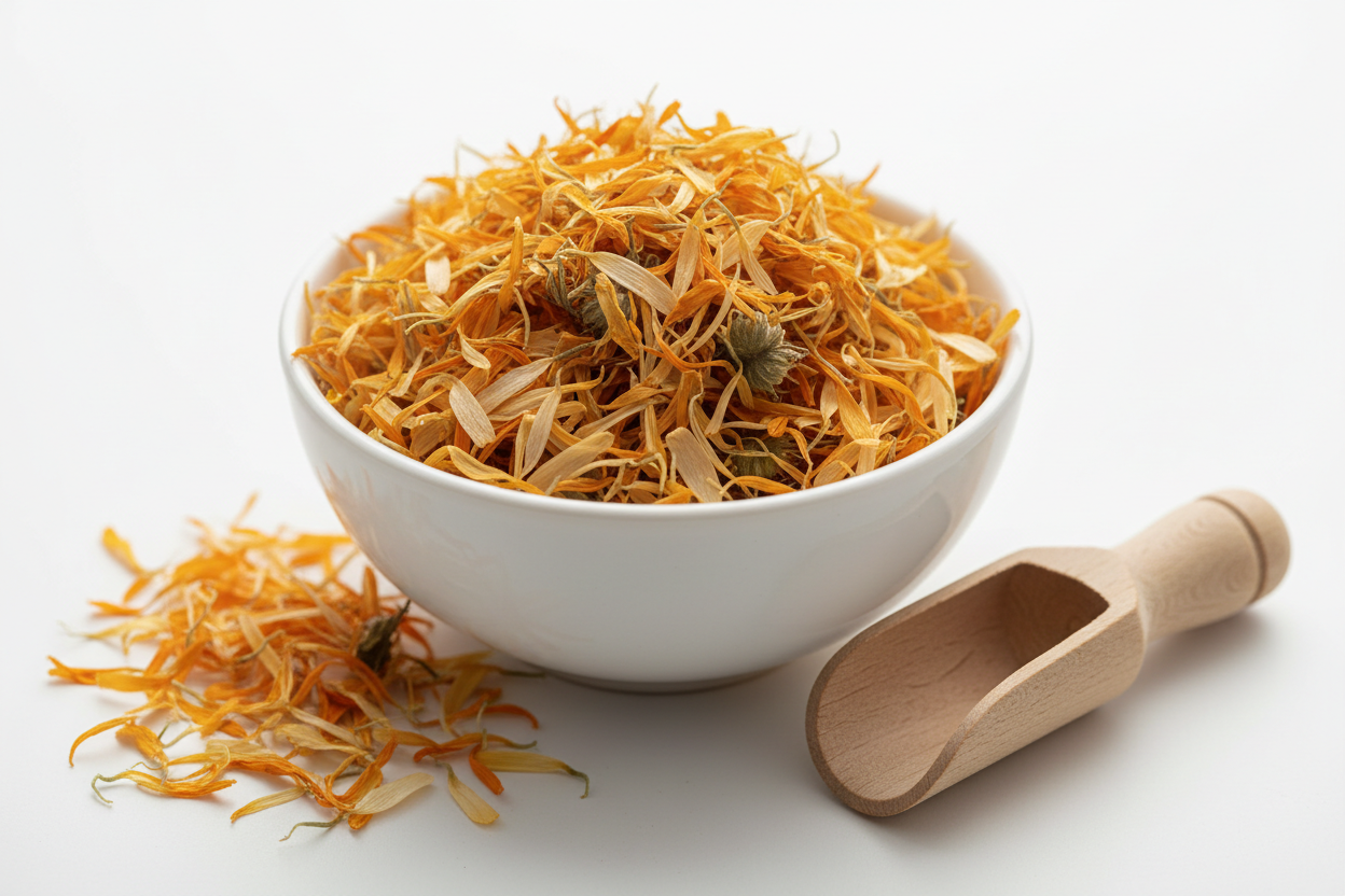 Dried calendula flower petals golden orange in a white ceramic bowl with wooden scoop