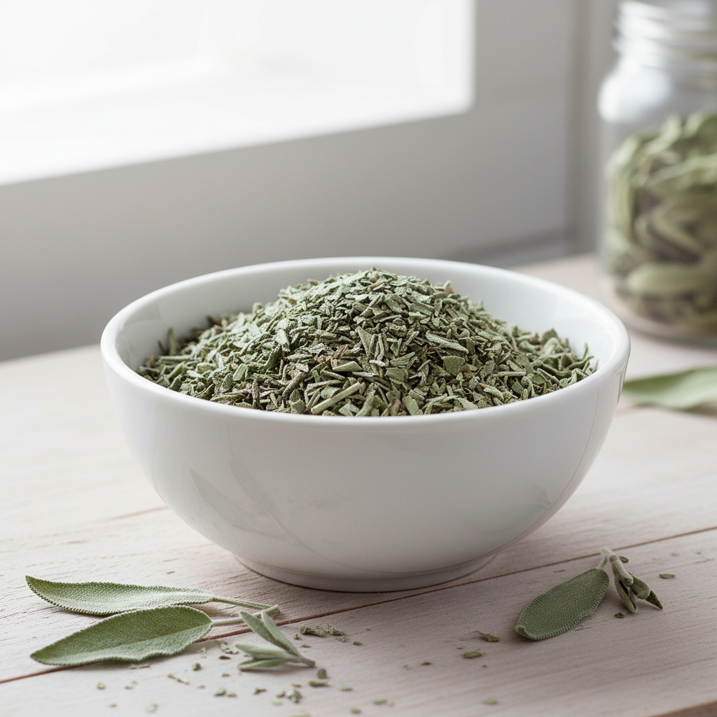Organic cut and sifted sage in a white ceramic bowl