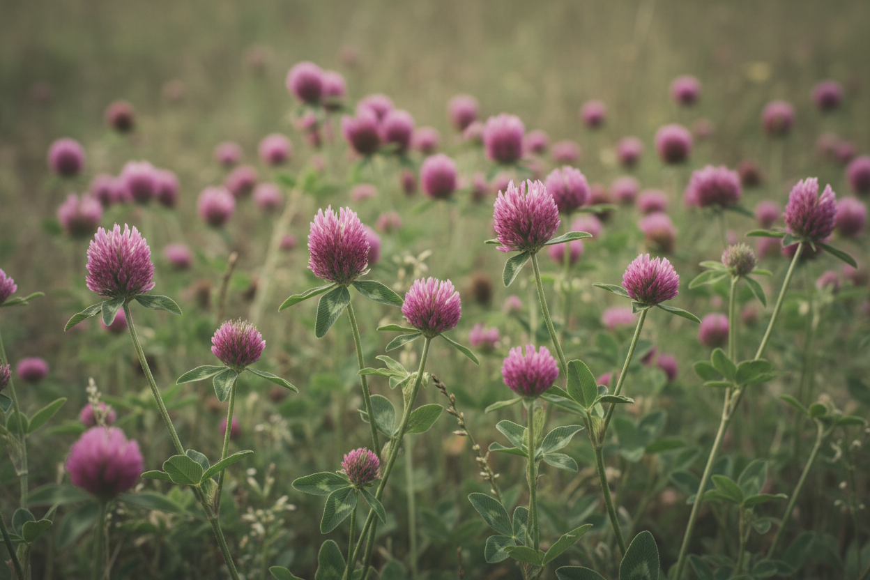 Red clover Trifolium pratense with magenta pink flower heads growing in a field