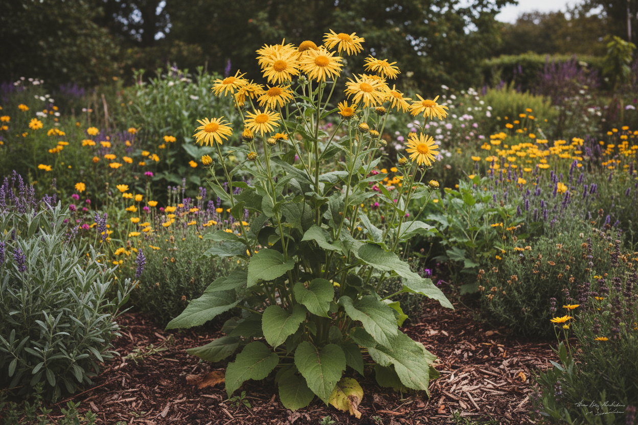 Inula helenium elecampane tall plant with large leaves and bright yellow daisy-like flowers in a garden