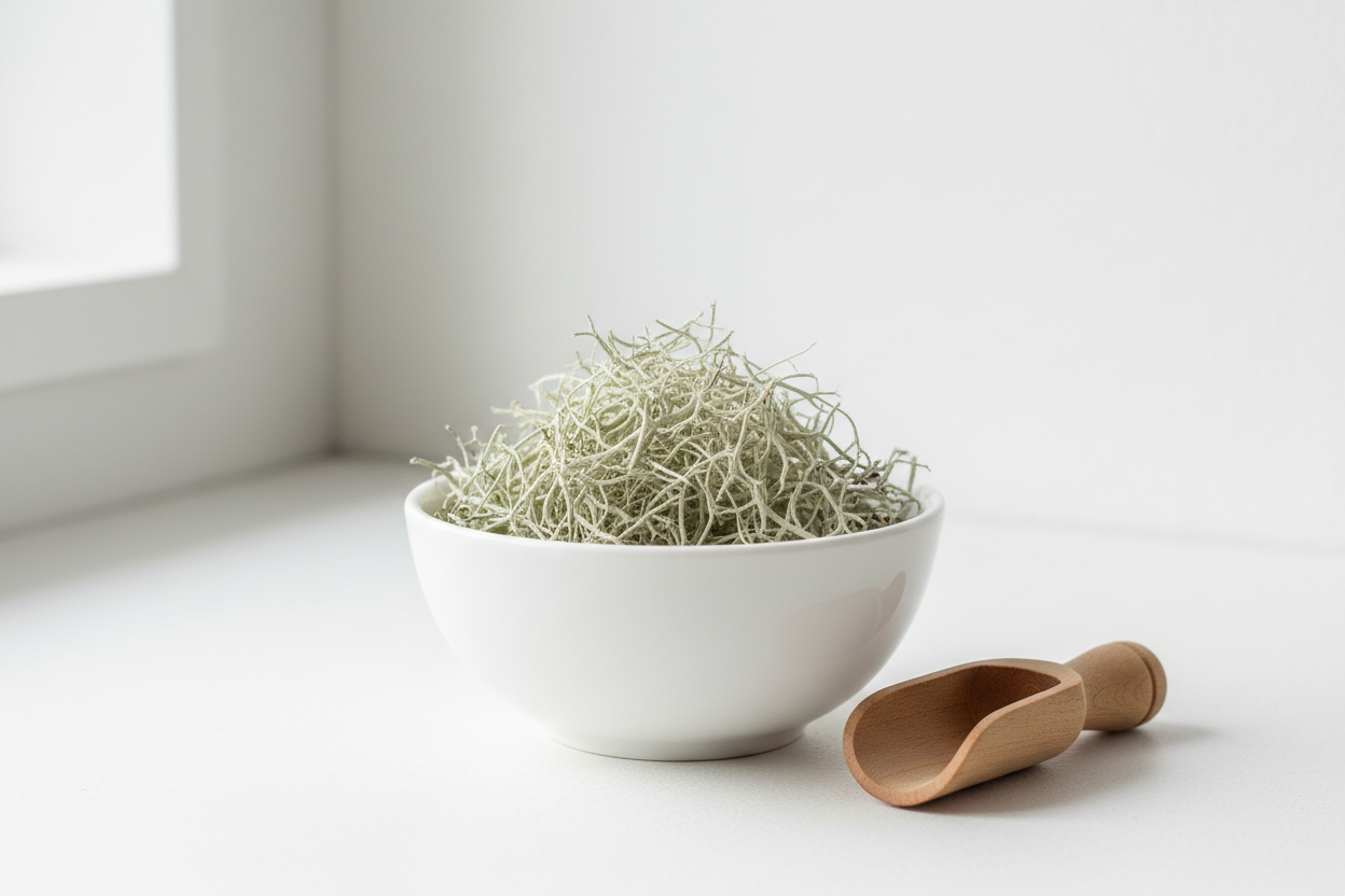 Dried usnea lichen stringy grayish-green strands in a white ceramic bowl with wooden scoop