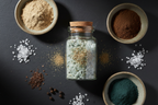 Focus Finishing Salt flat lay with Lion's Mane, Chaga, spirulina powder, Dead Sea salt and smoked sea salt in ceramic dishes
