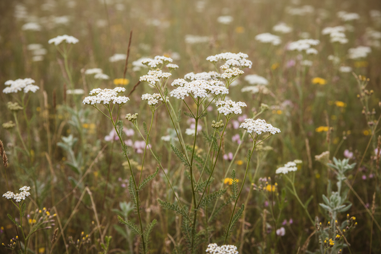 Yarrow Achillea millefolium plant with white flower clusters growing in a meadow