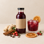 Clean product photo of Harvest Spice Elderberry: a small glass bottle of deep purple-red spiced elderberry syrup and a short glass of the ruby-purple syrup over ice with a dried orange wheel, on a soft warm neutral background with a light scatter of cinnamon sticks, cloves, ginger, rose hips, and dried orange